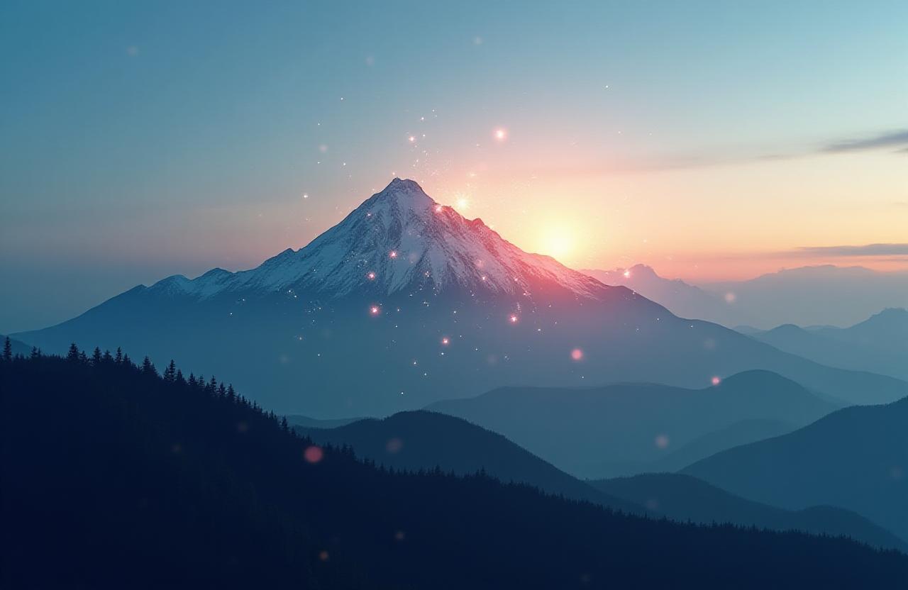 Mountainscape blending into digital data nodes